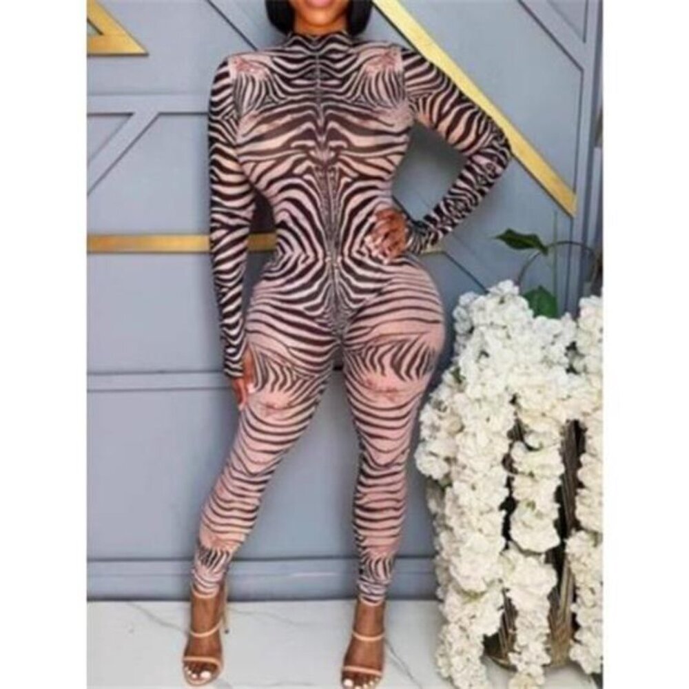 Zebra Print Long Sleeve Bodycon Jumpsuit